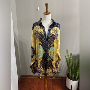 💙 Silversilk Women’s Navy and Gold Silk Top – XL